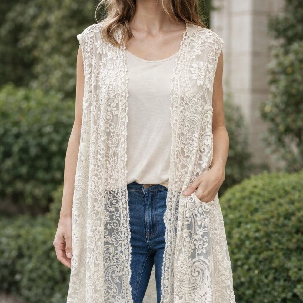 Victorian Tailor Ivory Lace Ruana Vest Boho Open Duster FAST SHIP